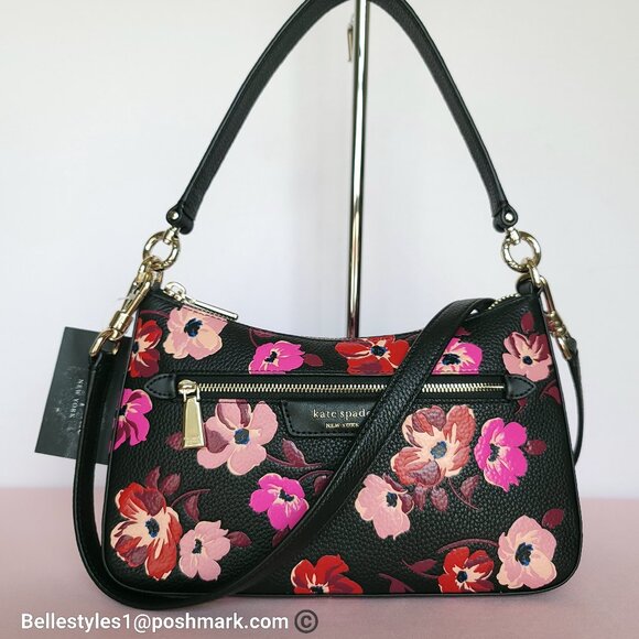 KATE SPADE Hudson Fall Poppies Print Leather Convertible Crossbody-Black mult🎈⭐ - Picture 1 of 16